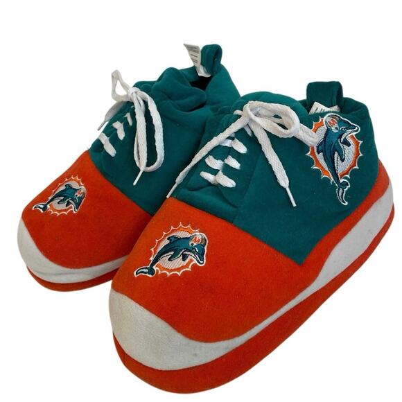 VTG 90’s NFL MIAMI DOLPHINS SHOES SLIPPERS SZ L FOOTBALL FANATIC BIG SHOES - Picture 1 of 16